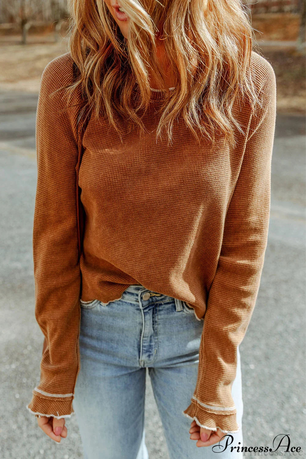 Long Round Arm Neck Brown Textured Top image 4