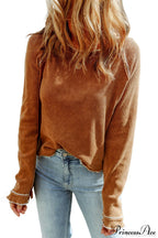 Long Round Arm Neck Brown Textured Top image 6