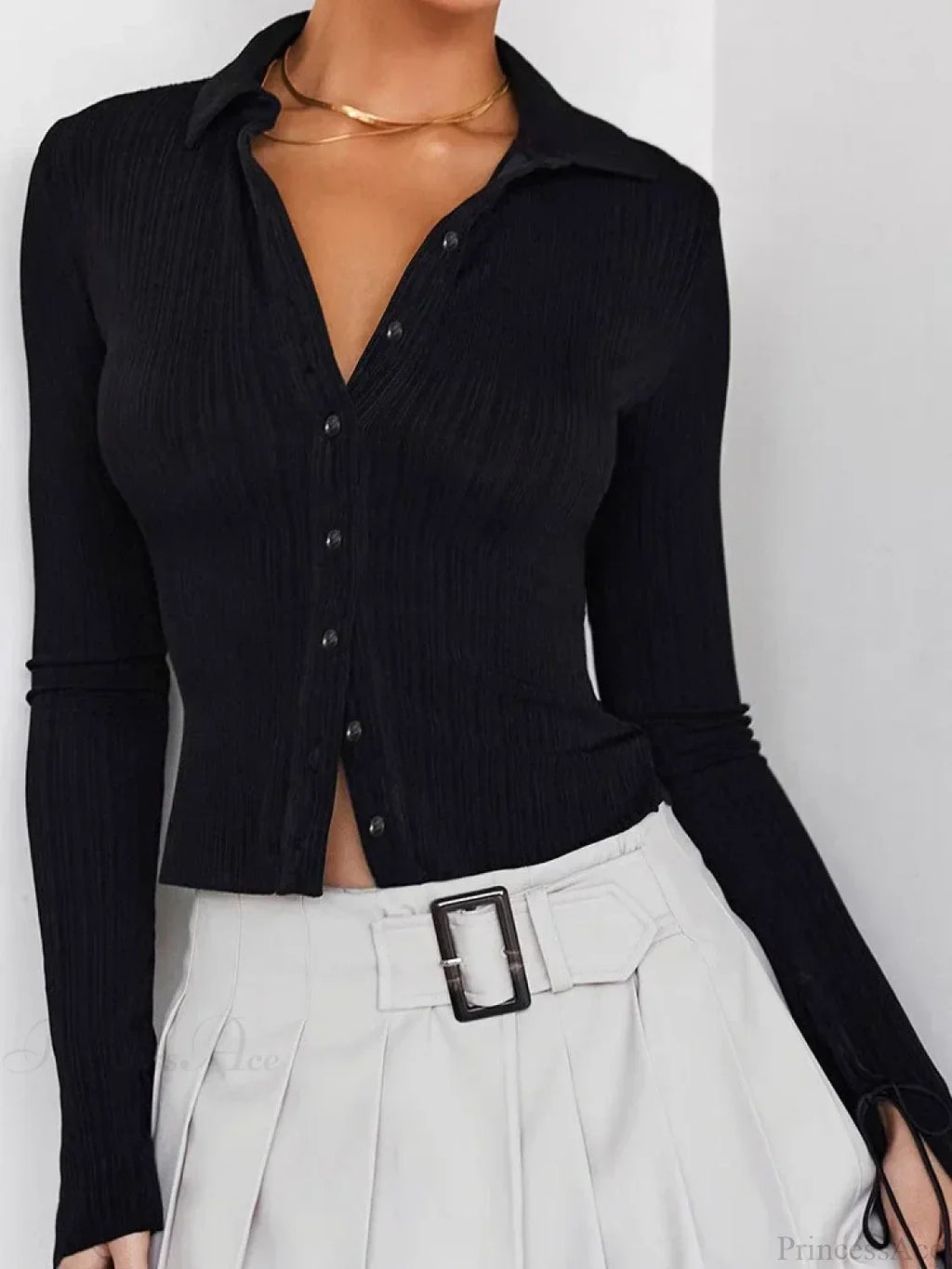 Long Sleeve Casual Turn-Down Collar Button-Down Knit Top image 3