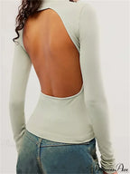 Long Sleeve High Neck Backless Slim Fit Solid Color T-Shirts image 6