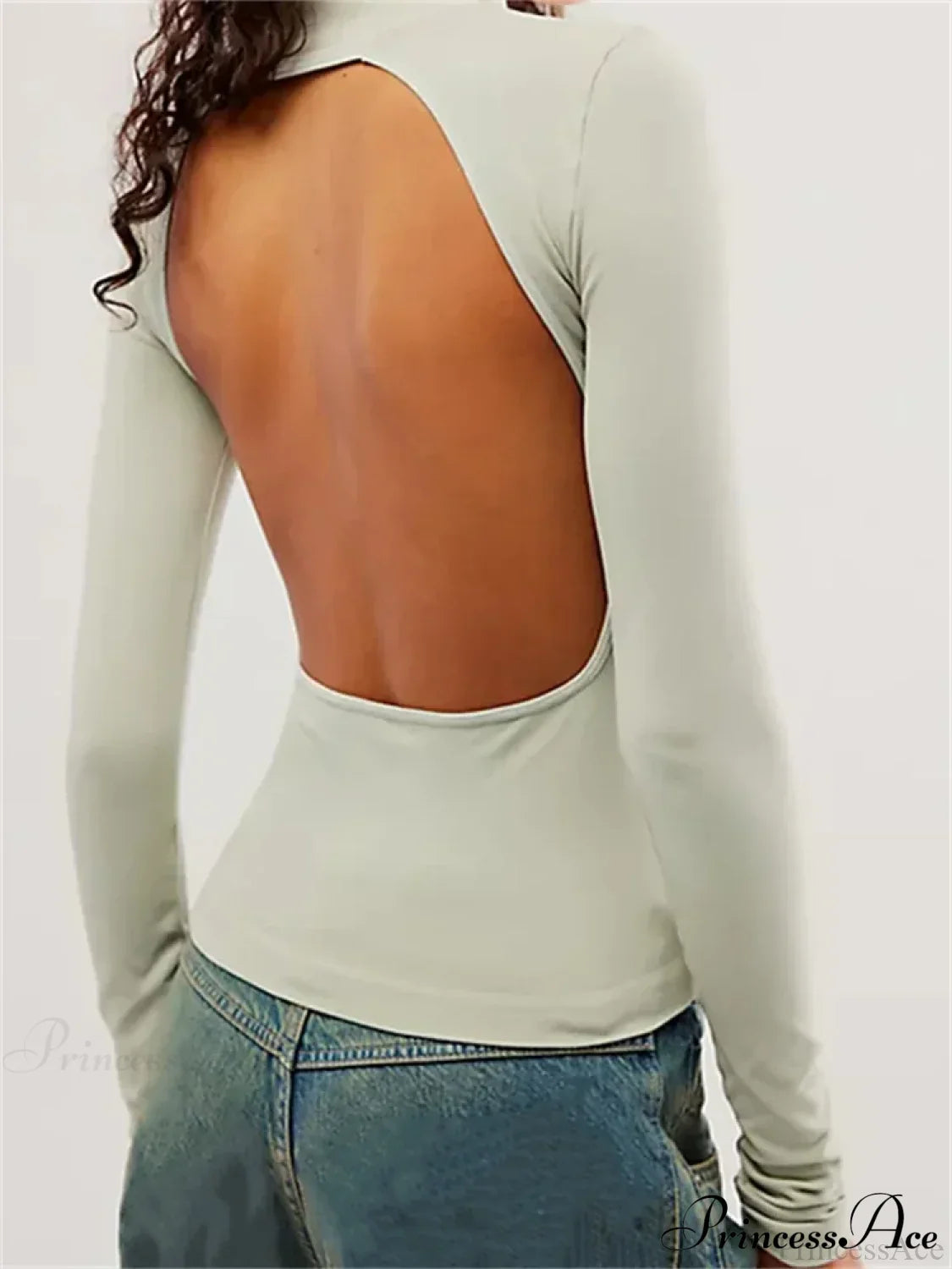 Long Sleeve High Neck Backless Slim Fit Solid Color T-Shirts image 6