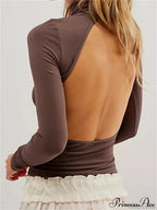 Long Sleeve High Neck Backless Slim Fit Solid Color T-Shirts image 1