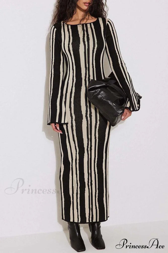 Long Sleeve Knitted Dress with Contrast Color image 2