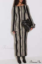 Long Sleeve Knitted Dress with Contrast Color image 2