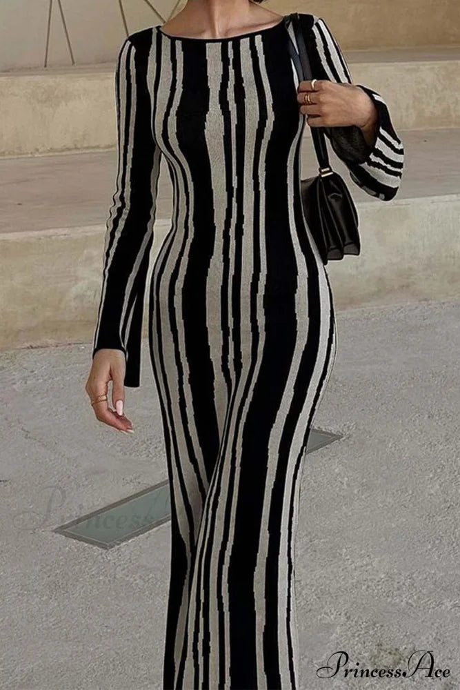 Long Sleeve Knitted Dress with Contrast Color image 1
