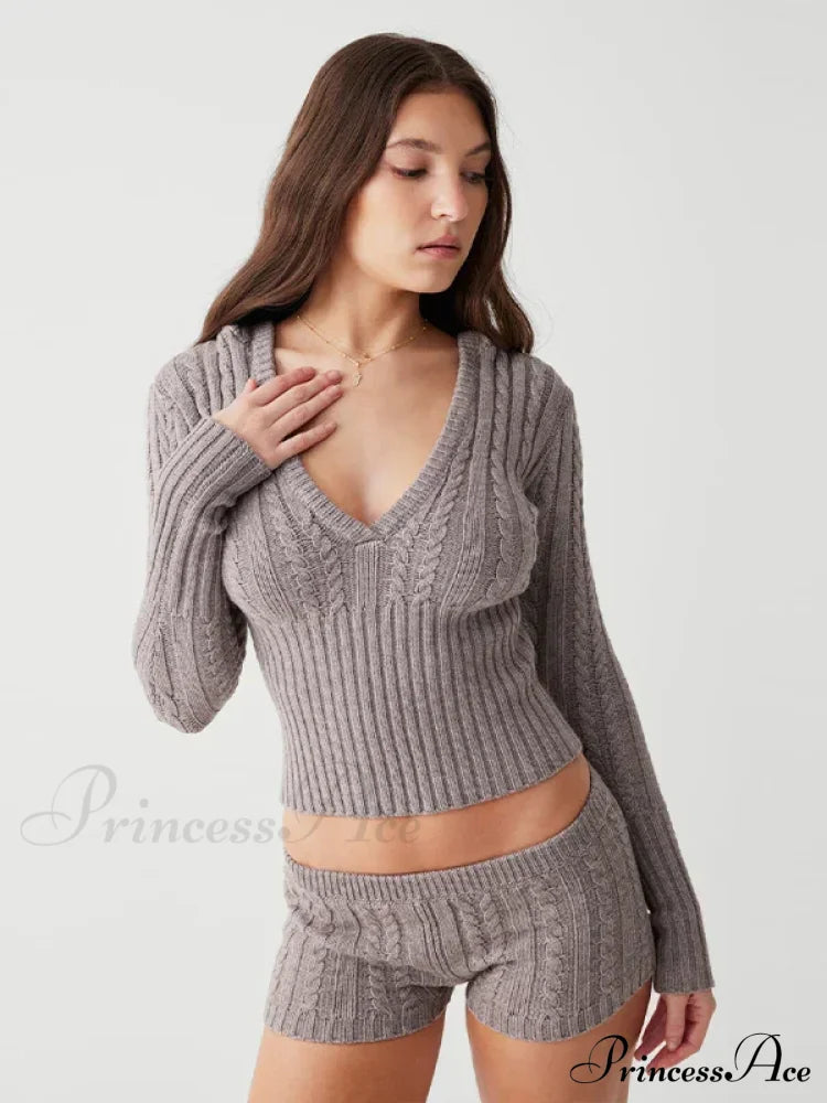 Long Sleeve Knitted V-Neck Graceful Hooded Sweater And Shorts Set image 11