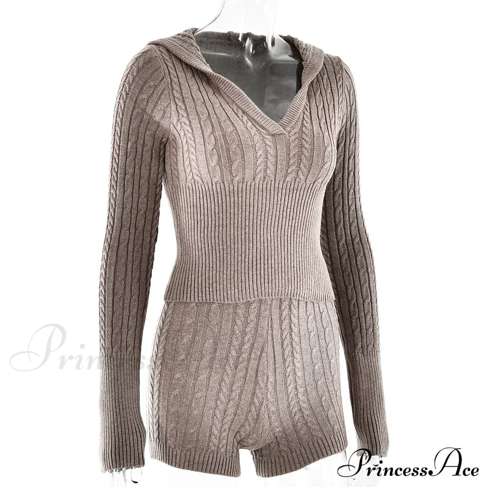 Long Sleeve Knitted V-Neck Graceful Hooded Sweater And Shorts Set image 20