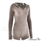Long Sleeve Knitted V-Neck Graceful Hooded Sweater And Shorts Set image 20