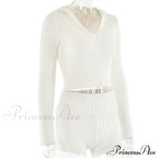 Long Sleeve Knitted V-Neck Graceful Hooded Sweater And Shorts Set image 22