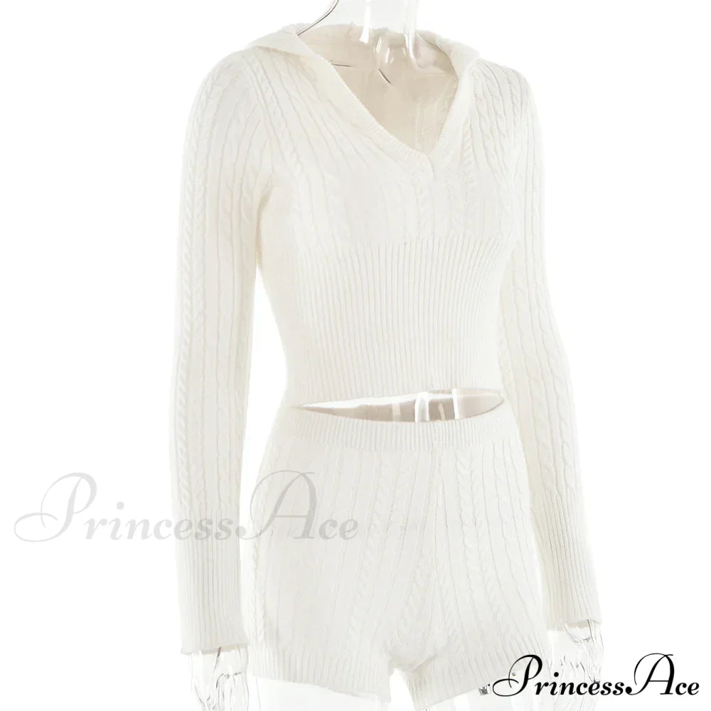 Long Sleeve Knitted V-Neck Graceful Hooded Sweater And Shorts Set image 22