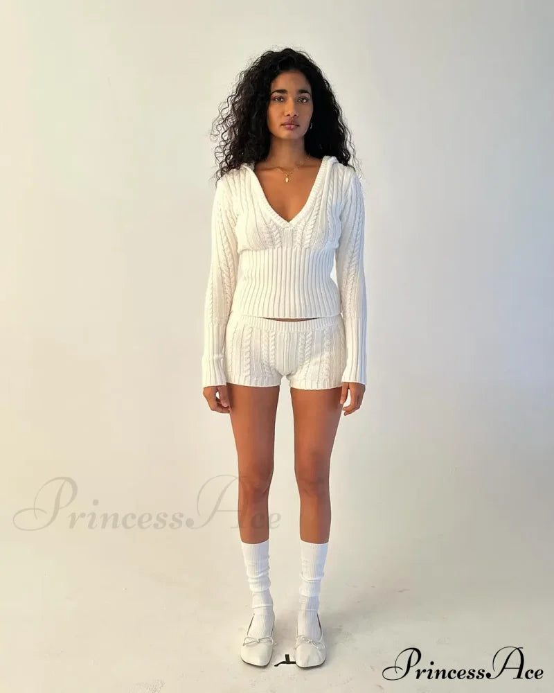 Long Sleeve Knitted V-Neck Graceful Hooded Sweater And Shorts Set image 2