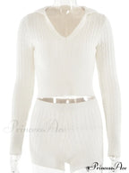 Long Sleeve Knitted V-Neck Graceful Hooded Sweater And Shorts Set image 24