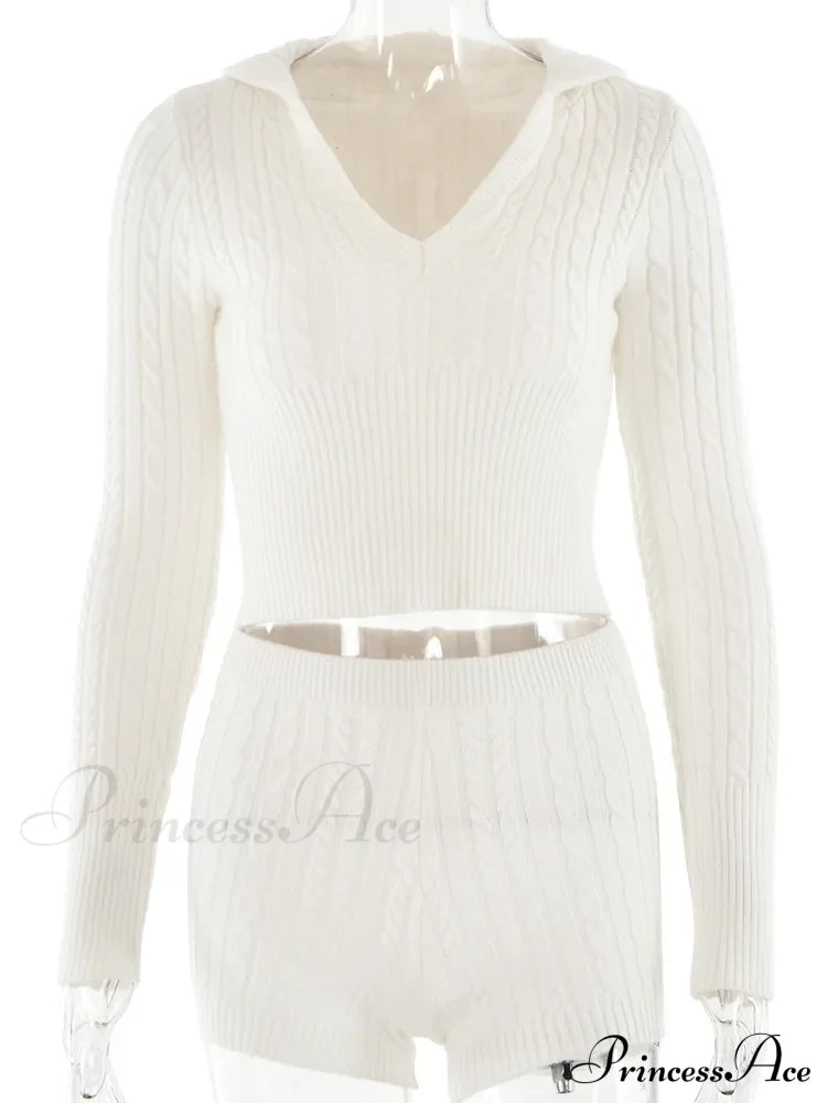 Long Sleeve Knitted V-Neck Graceful Hooded Sweater And Shorts Set image 24