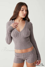 Long Sleeve Knitted V-Neck Graceful Hooded Sweater And Shorts Set image 13