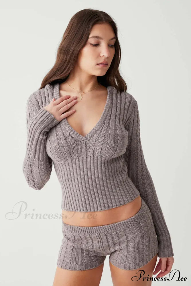 Long Sleeve Knitted V-Neck Graceful Hooded Sweater And Shorts Set image 13
