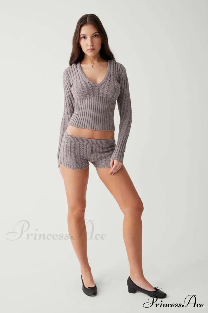 Long Sleeve Knitted V-Neck Graceful Hooded Sweater And Shorts Set image 12
