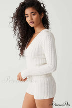 Long Sleeve Knitted V-Neck Graceful Hooded Sweater And Shorts Set image 4