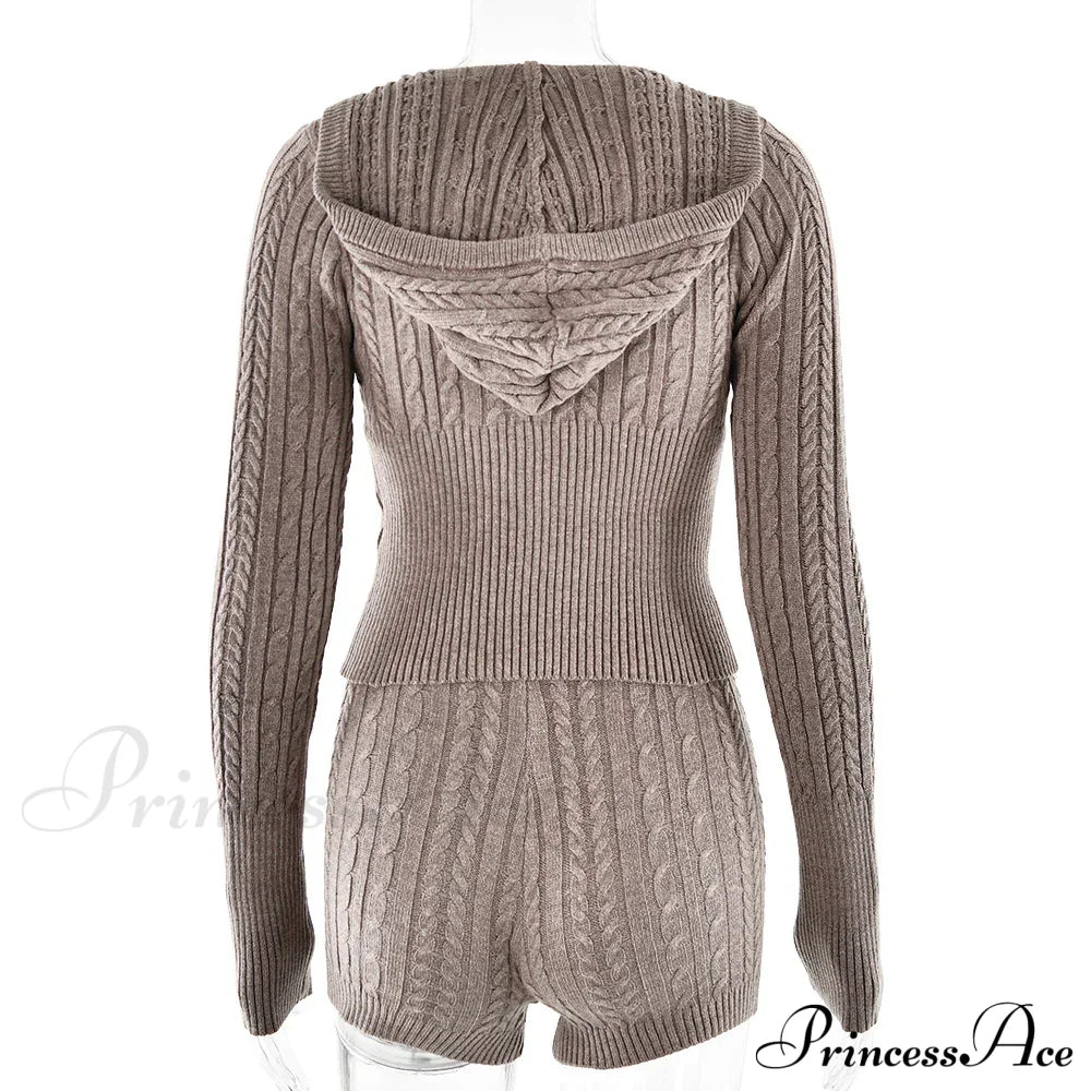 Long Sleeve Knitted V-Neck Graceful Hooded Sweater And Shorts Set image 21
