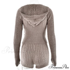 Long Sleeve Knitted V-Neck Graceful Hooded Sweater And Shorts Set image 21