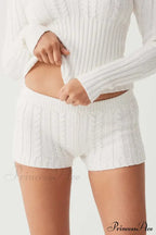 Long Sleeve Knitted V-Neck Graceful Hooded Sweater And Shorts Set image 7