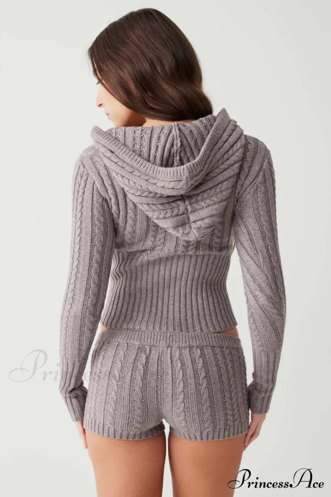 Long Sleeve Knitted V-Neck Graceful Hooded Sweater And Shorts Set image 19