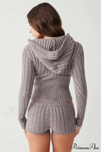 Long Sleeve Knitted V-Neck Graceful Hooded Sweater And Shorts Set image 19