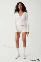 Long Sleeve Knitted V-Neck Graceful Hooded Sweater And Shorts Set image 8