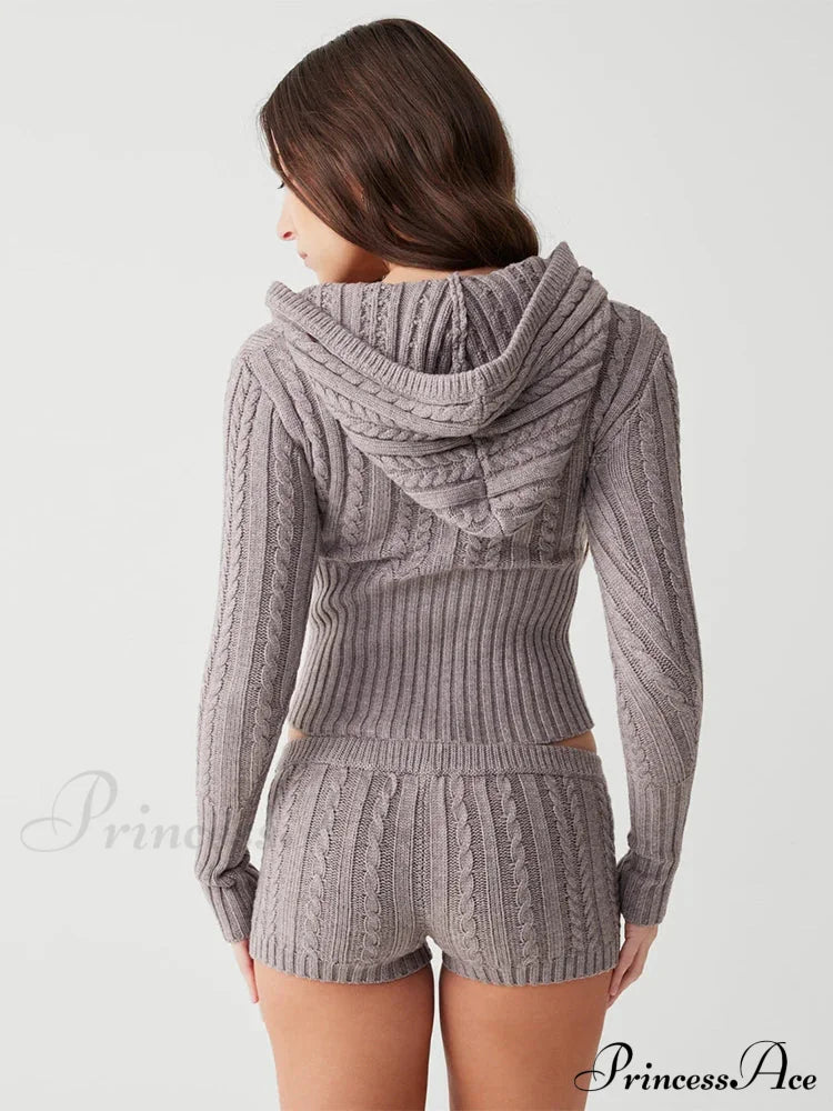 Long Sleeve Knitted V-Neck Graceful Hooded Sweater And Shorts Set image 16