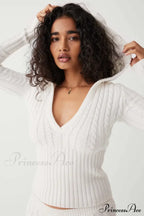 Long Sleeve Knitted V-Neck Graceful Hooded Sweater And Shorts Set image 6