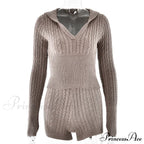 Long Sleeve Knitted V-Neck Graceful Hooded Sweater And Shorts Set image 18