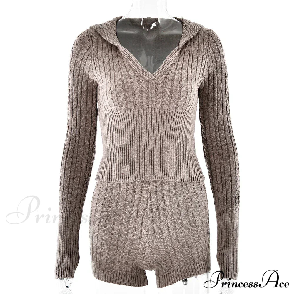 Long Sleeve Knitted V-Neck Graceful Hooded Sweater And Shorts Set image 18