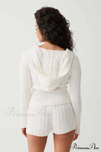 Long Sleeve Knitted V-Neck Graceful Hooded Sweater And Shorts Set image 5