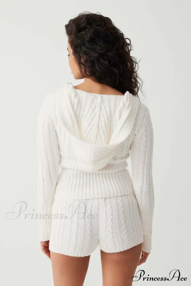 Long Sleeve Knitted V-Neck Graceful Hooded Sweater And Shorts Set image 5