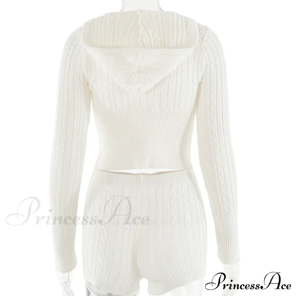 Long Sleeve Knitted V-Neck Graceful Hooded Sweater And Shorts Set image 23