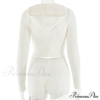 Long Sleeve Knitted V-Neck Graceful Hooded Sweater And Shorts Set image 23
