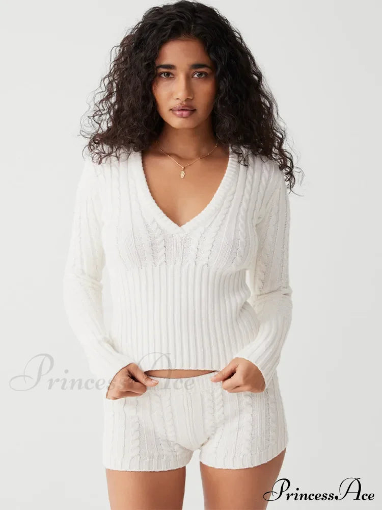 Long Sleeve Knitted V-Neck Graceful Hooded Sweater And Shorts Set image 1