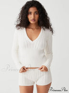 Long Sleeve Knitted V-Neck Graceful Hooded Sweater And Shorts Set image 1