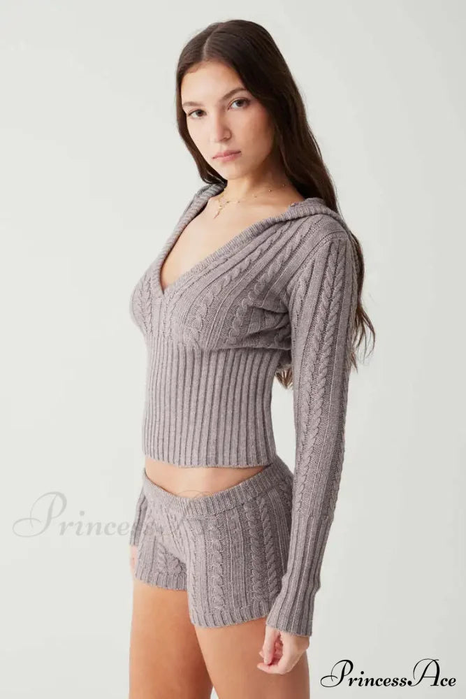 Long Sleeve Knitted V-Neck Graceful Hooded Sweater And Shorts Set image 17