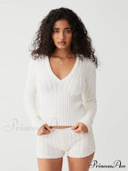 Long Sleeve Knitted V-Neck Graceful Hooded Sweater And Shorts Set image 10