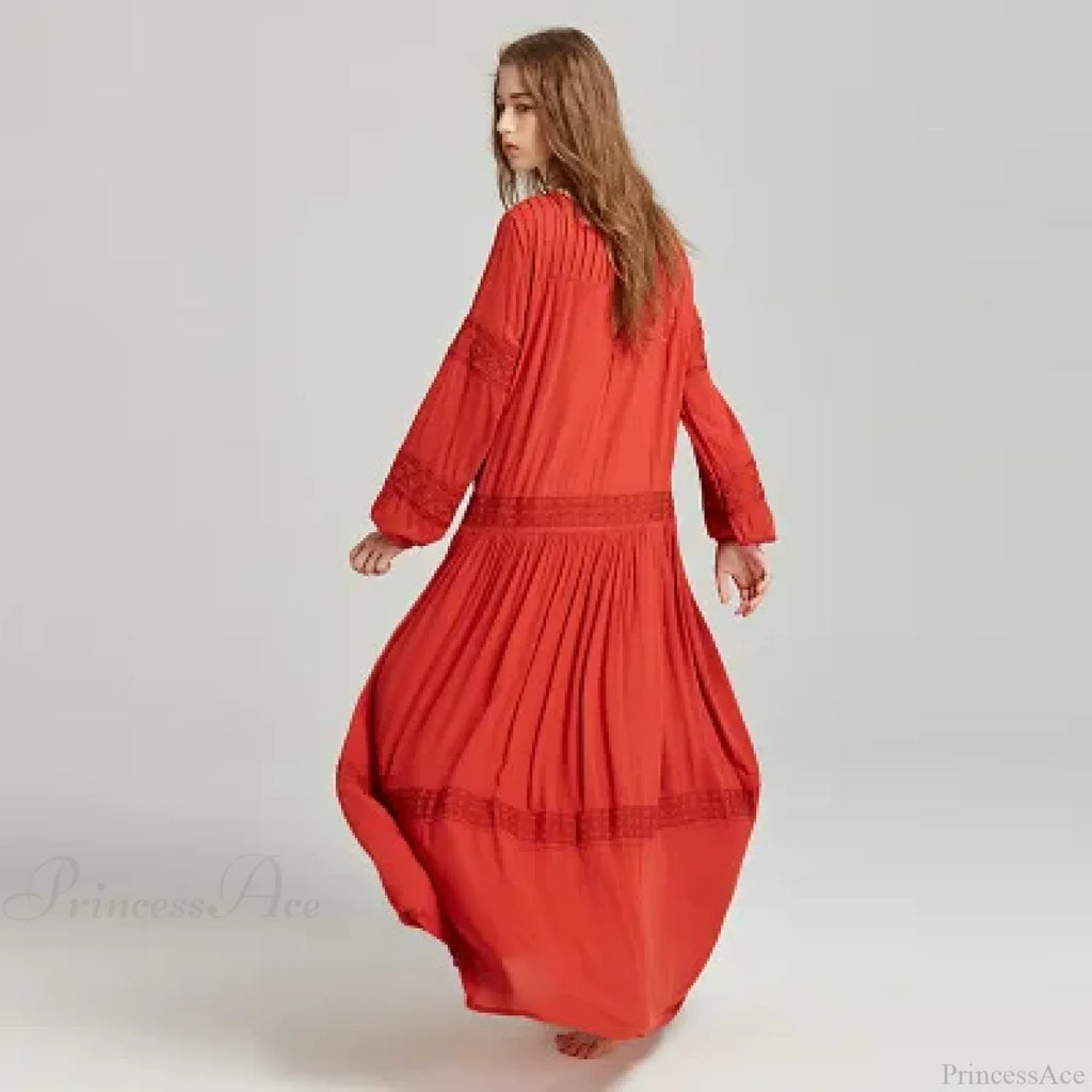 Long Sleeve Maxi Dress Red Floral Embroidery Tassel Boho Dress image 3