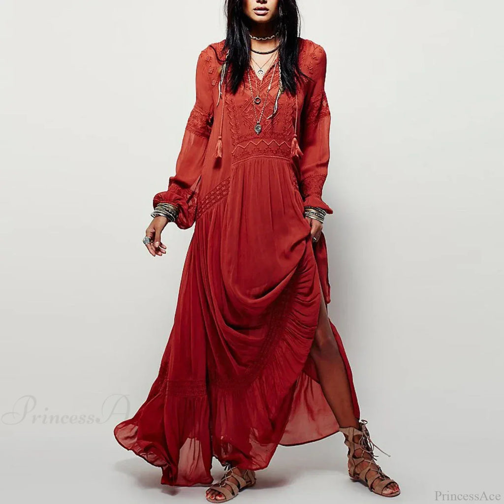 Long Sleeve Maxi Dress Red Floral Embroidery Tassel Boho Dress image 1