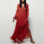 Long Sleeve Maxi Dress Red Floral Embroidery Tassel Boho Dress image 1