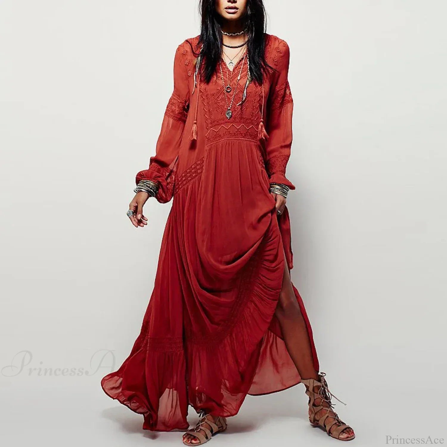 Long Sleeve Maxi Dress Red Floral Embroidery Tassel Boho Dress image 1