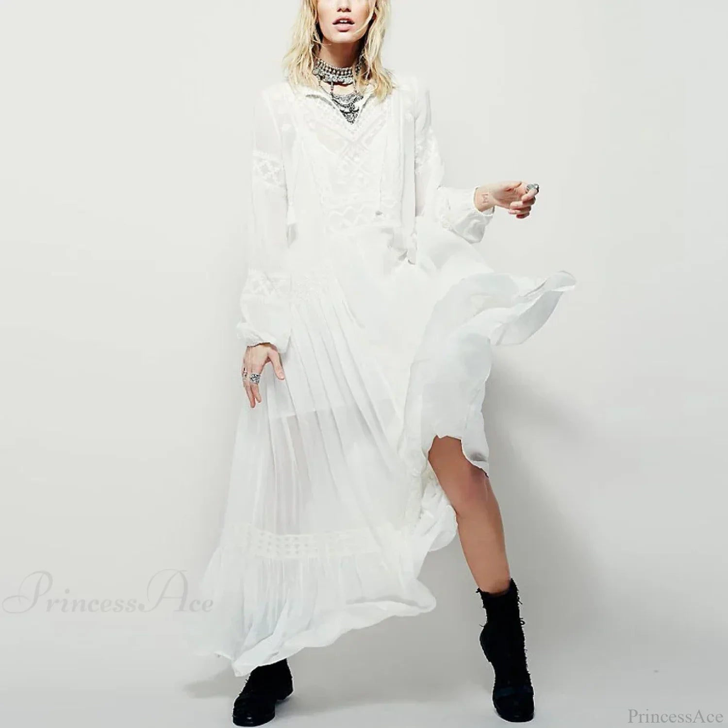 Long Sleeve Maxi Dress Red Floral Embroidery Tassel Boho Dress image 4