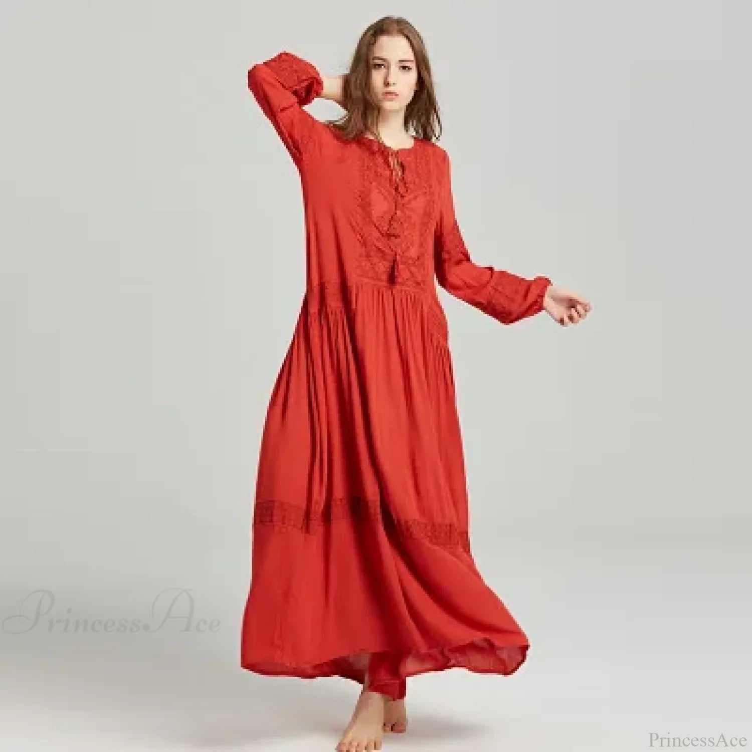 Long Sleeve Maxi Dress Red Floral Embroidery Tassel Boho Dress image 2