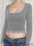 Long Sleeve O-Neck Exposed Navel Retro Cropped Lace T-Shirts image 2