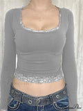 Long Sleeve O-Neck Exposed Navel Retro Cropped Lace T-Shirts image 4