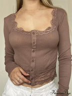 Long Sleeve O Neck Y2K Retro Lace Button Up T-Shirts image 1