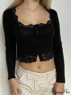 Long Sleeve O Neck Y2K Retro Lace Button Up T-Shirts image 4