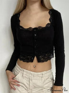 Long Sleeve O Neck Y2K Retro Lace Button Up T-Shirts image 7